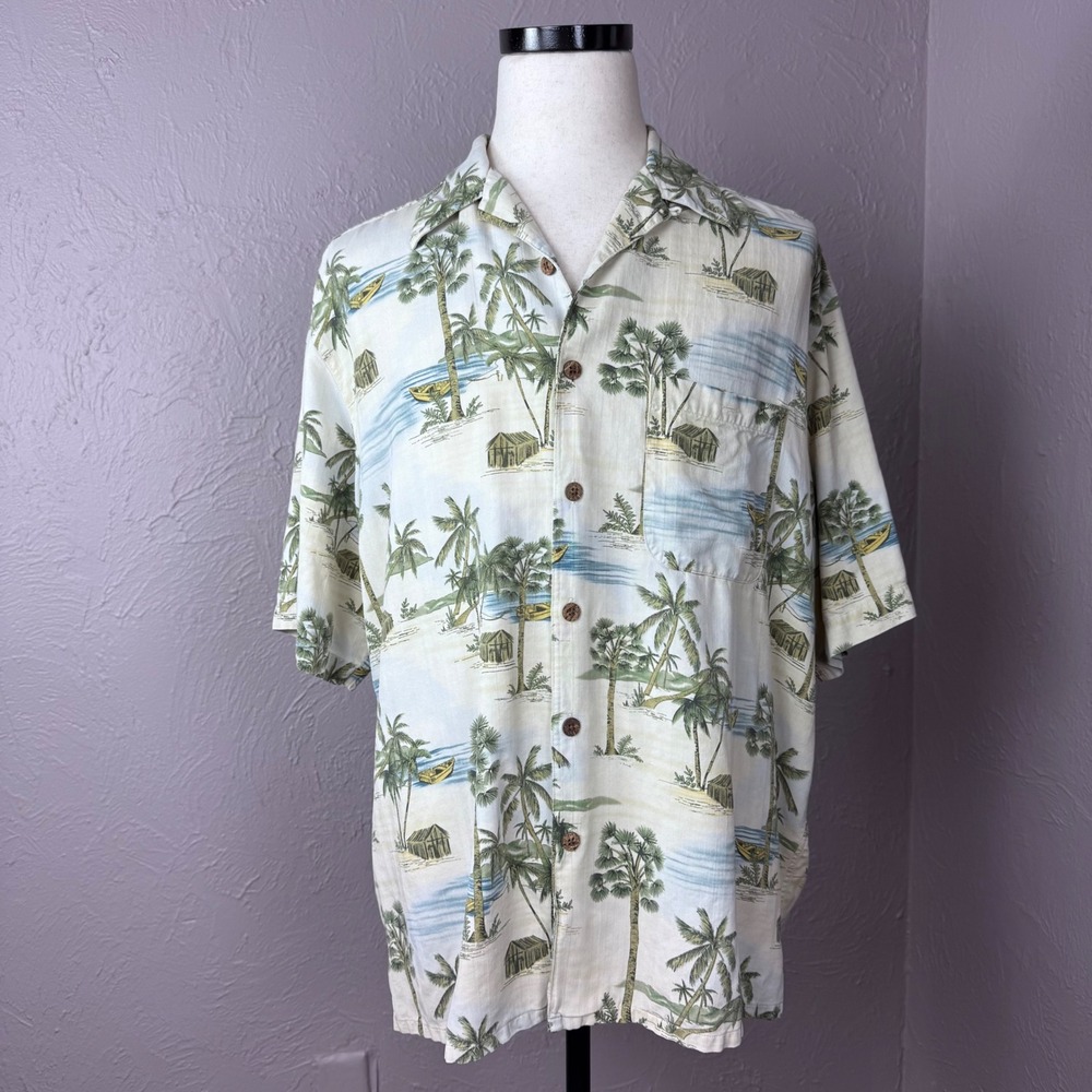 Banana Cabana mens extra large 100% silk palm tree, aloha button up shirt